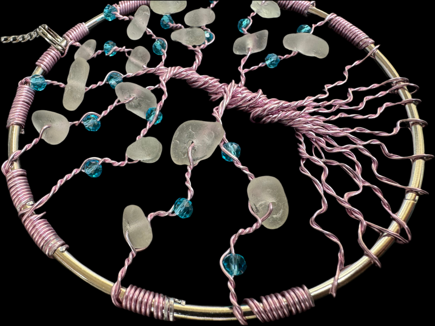 Sea glass tree of life Suncatcher. Pink wire with White Sea glass and blue crystal beads