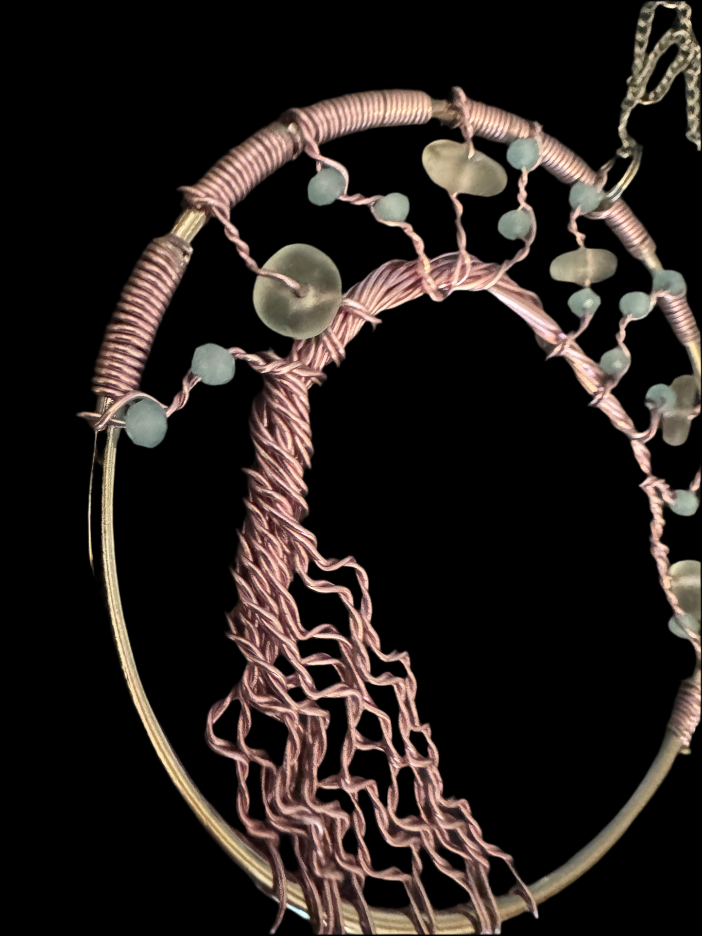 Sea glass leaning tree sun catcher. Pink wire with White Sea glass and blue crystal beads