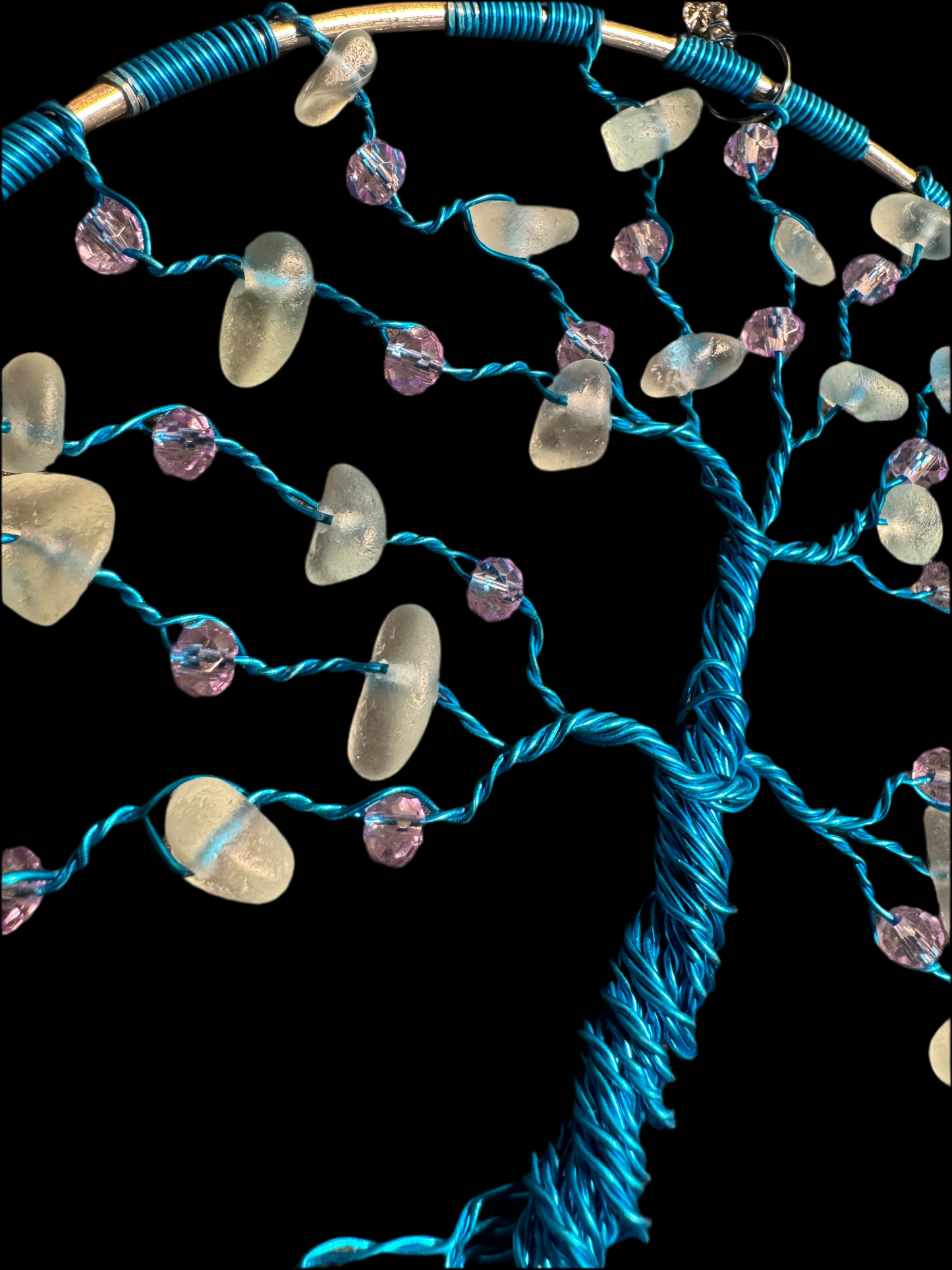 Sea glass tree of life sun catcher. Blue wire with White Sea glass and lilac crystal beads