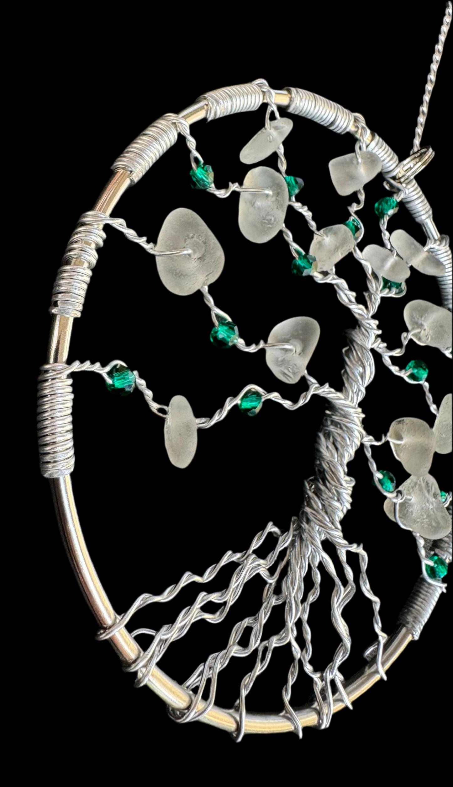 Sea glass tree of life sun catcher, silver with white glass and green crystal beads