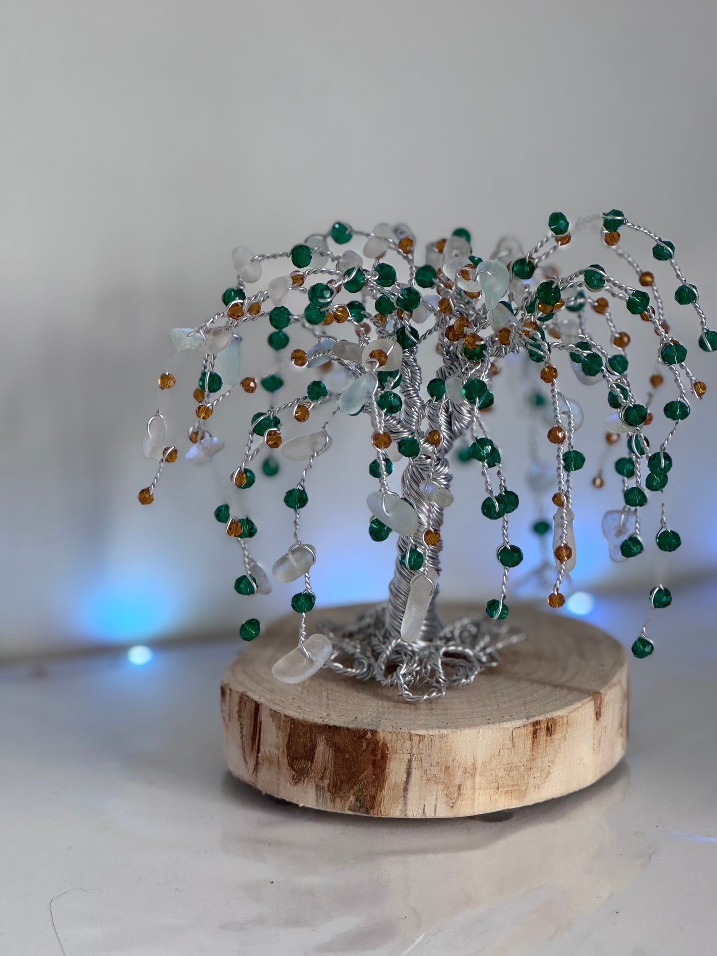 Sea glass willow tree silver wire with white sea glass and green and amber crystal beads