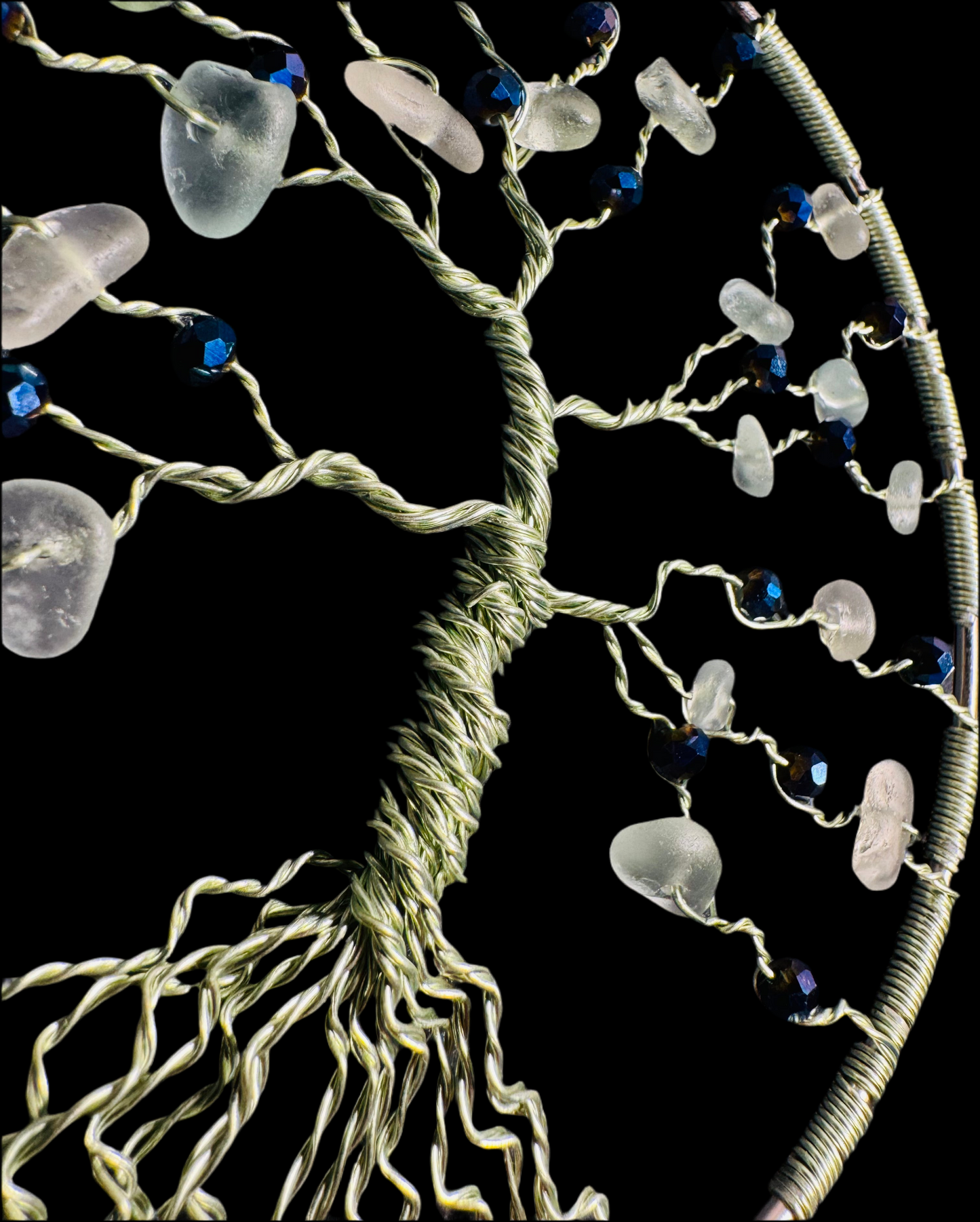 Sea glass tree of life sun catcher. Green wire, White Sea glass and navy blue crystal beads