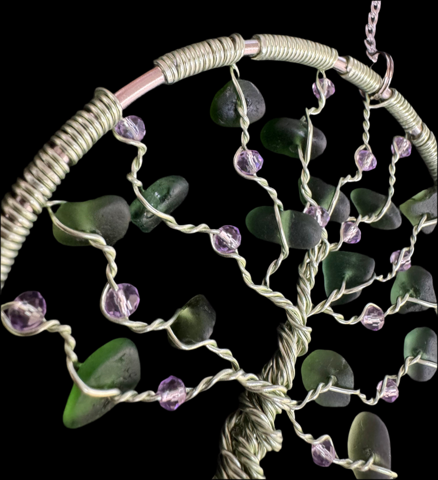 Sea glass tree of life suncatcher. Green wire with green sea glass and purple crystal beads