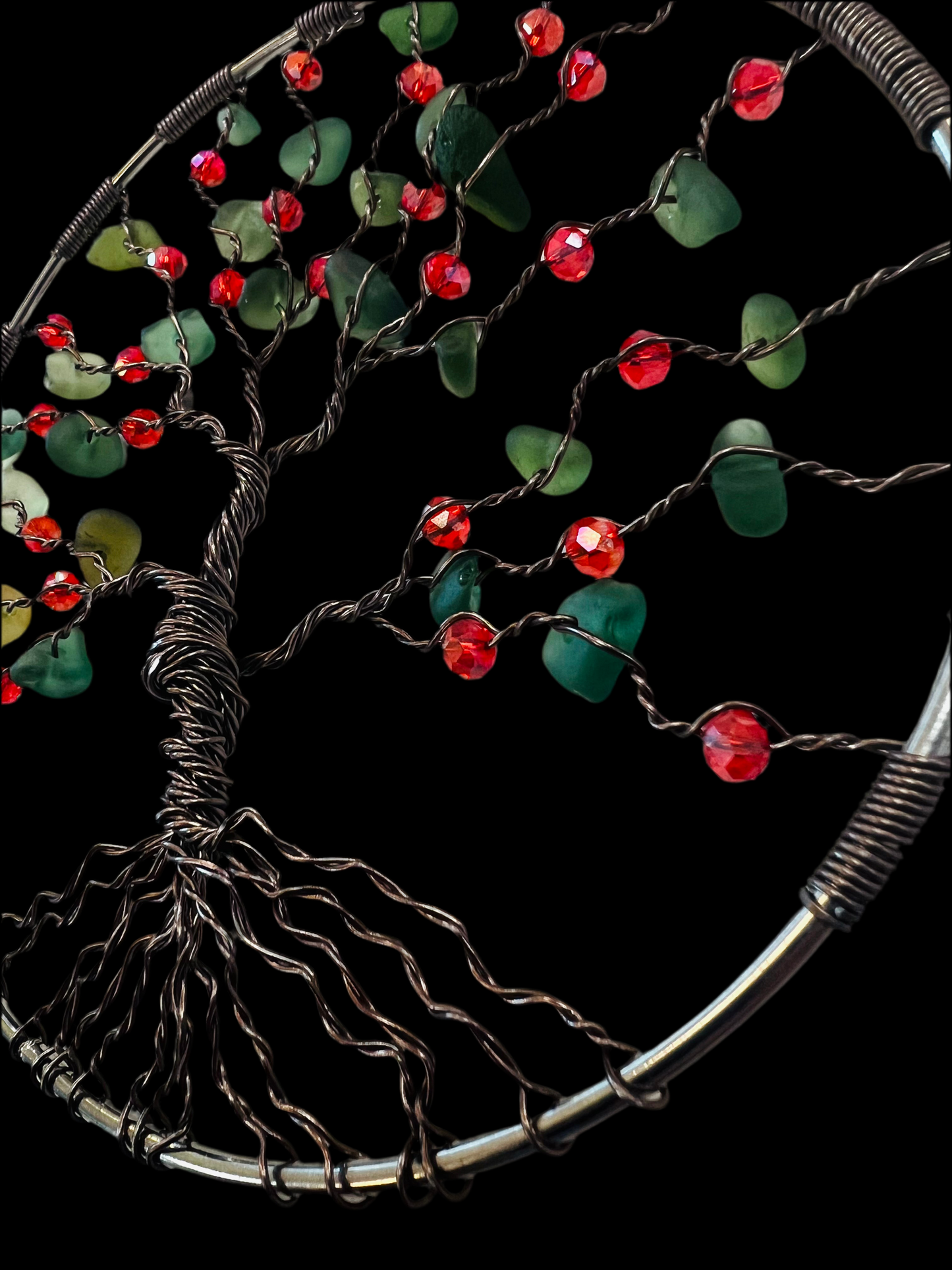 Sea Glass tree of life Sun Catcher. Bronze wire, red crystal beads and green sea glass