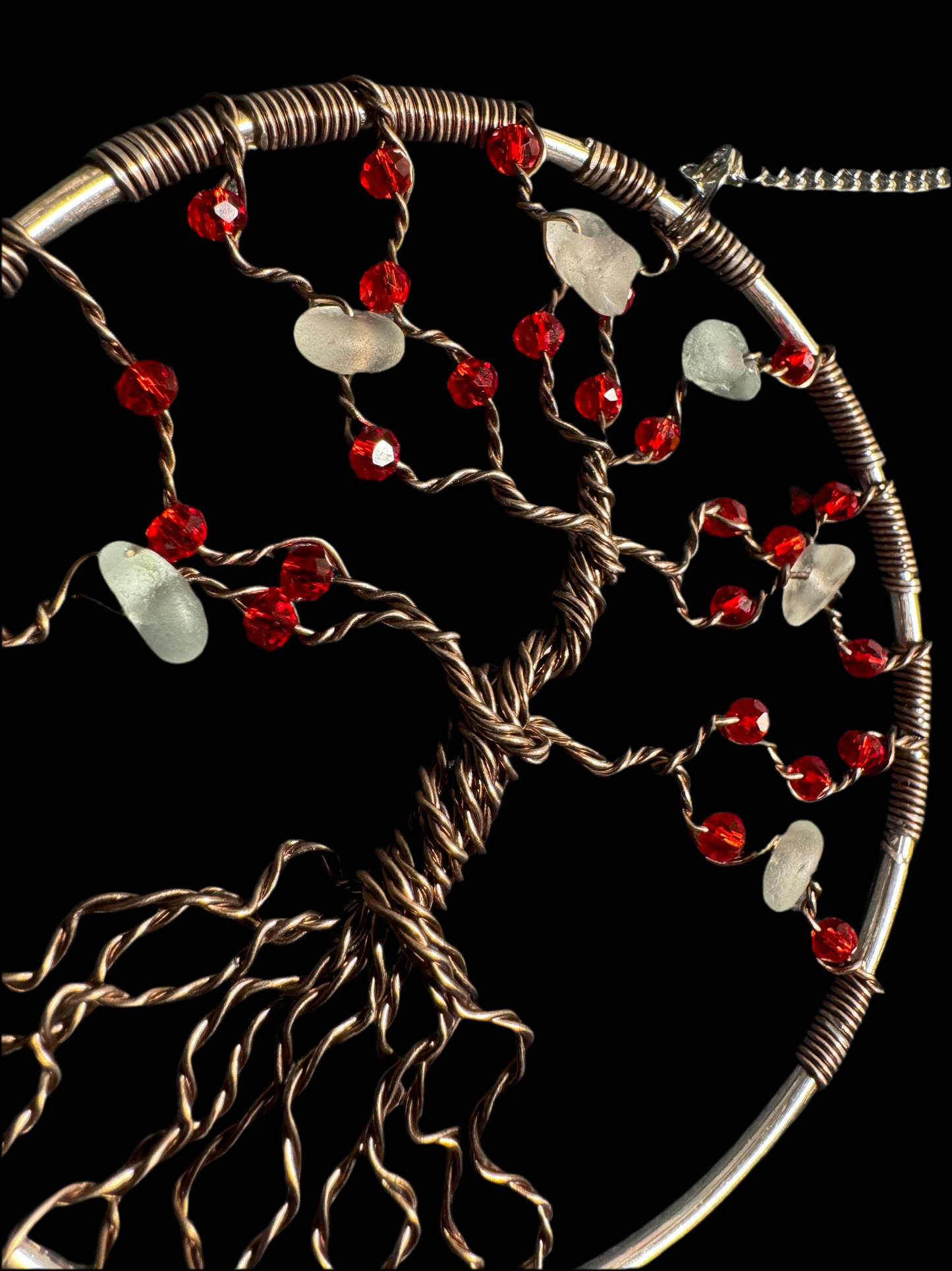 Sea glass tree of life sun catcher. Bronze wire with White Sea glass and red crystal beads