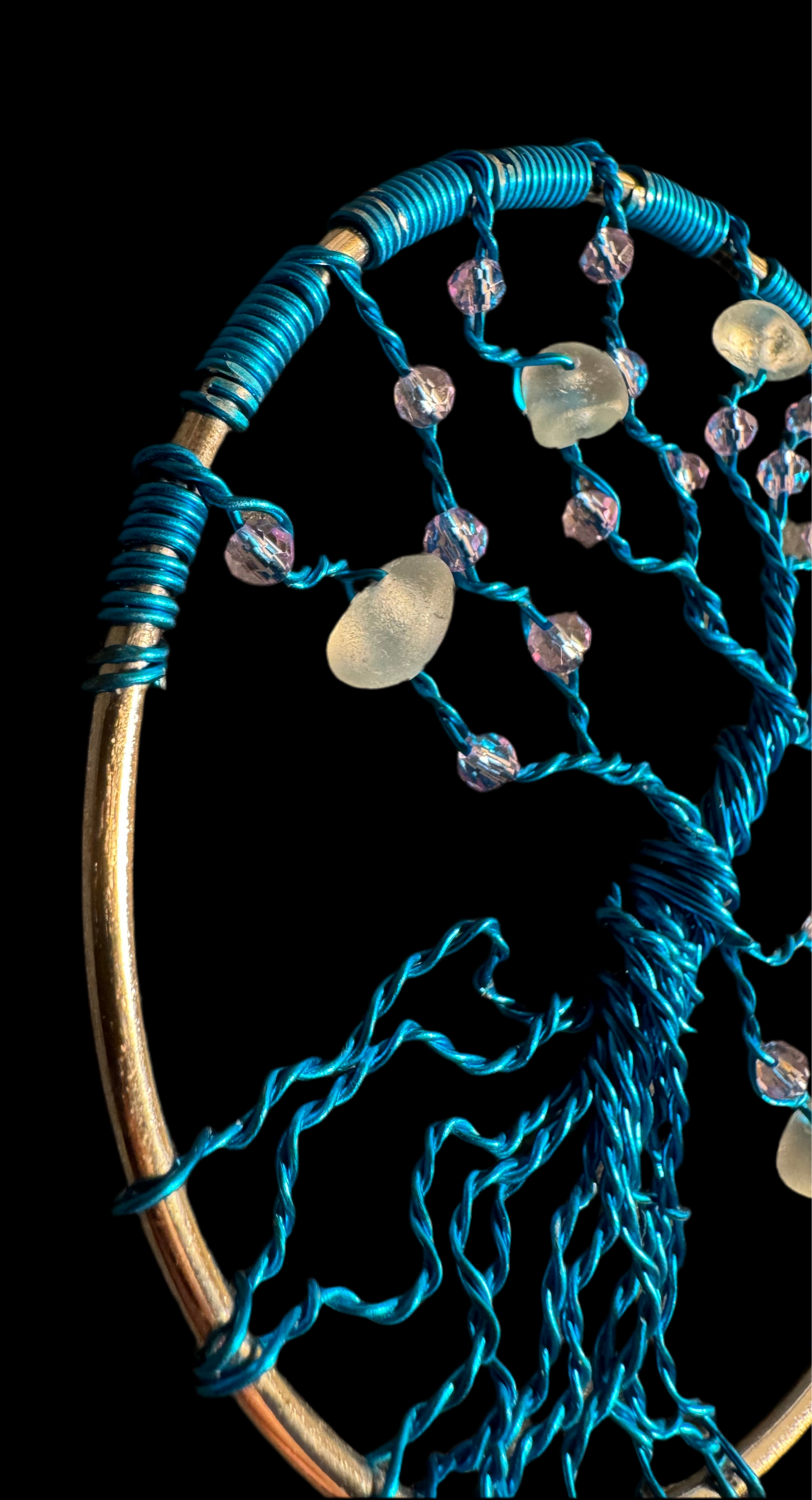 Sea glass tree of life sun catcher. Blue wire with White Sea glass and lilac crystal beads