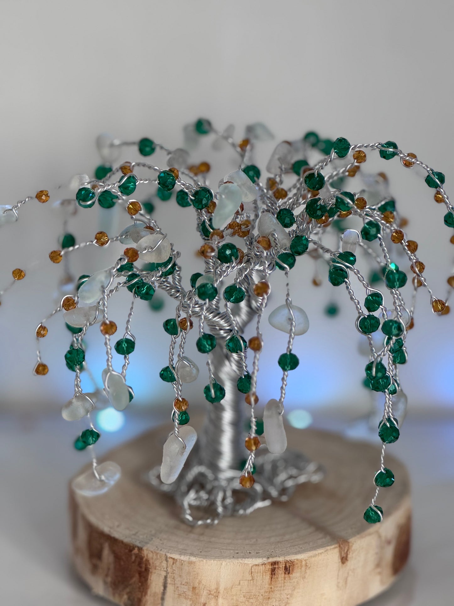 Sea glass willow tree silver wire with white sea glass and green and amber crystal beads