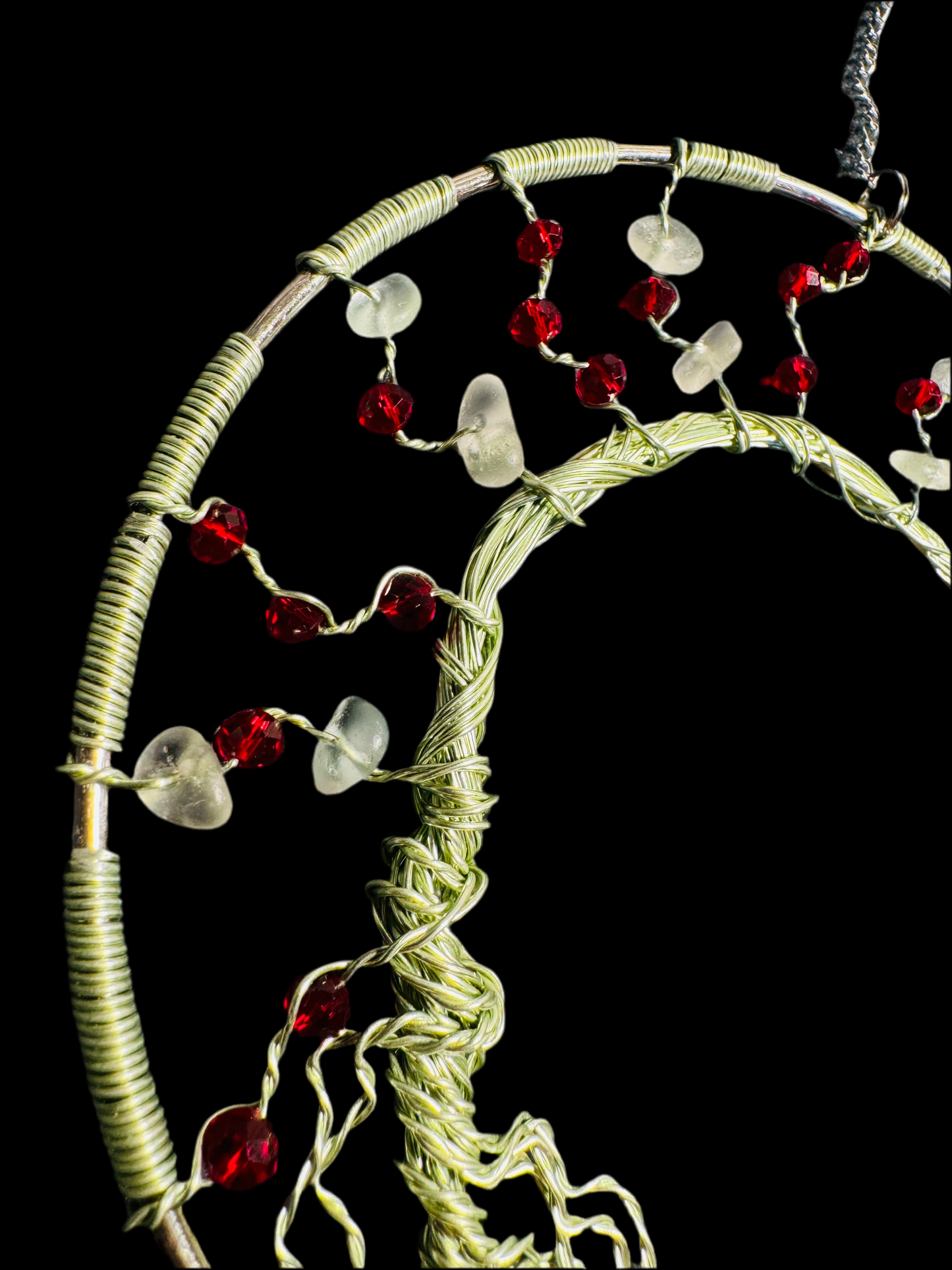 Sea glass leaning tree sun catcher. Green wire with White Sea glass and red crystal beads