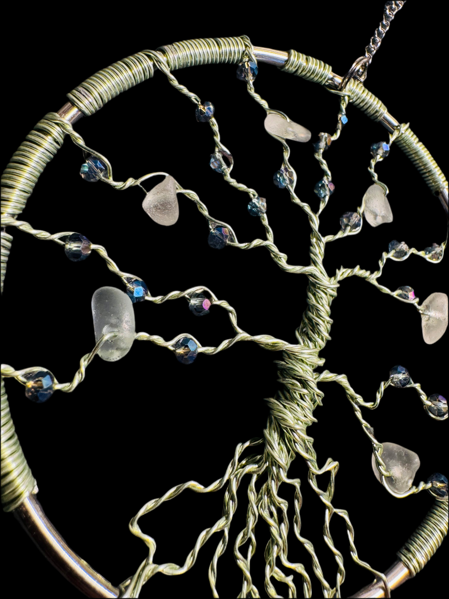 Sea glass tree of life sun catcher. Green wire with White Sea glass and iridescent crystal beads