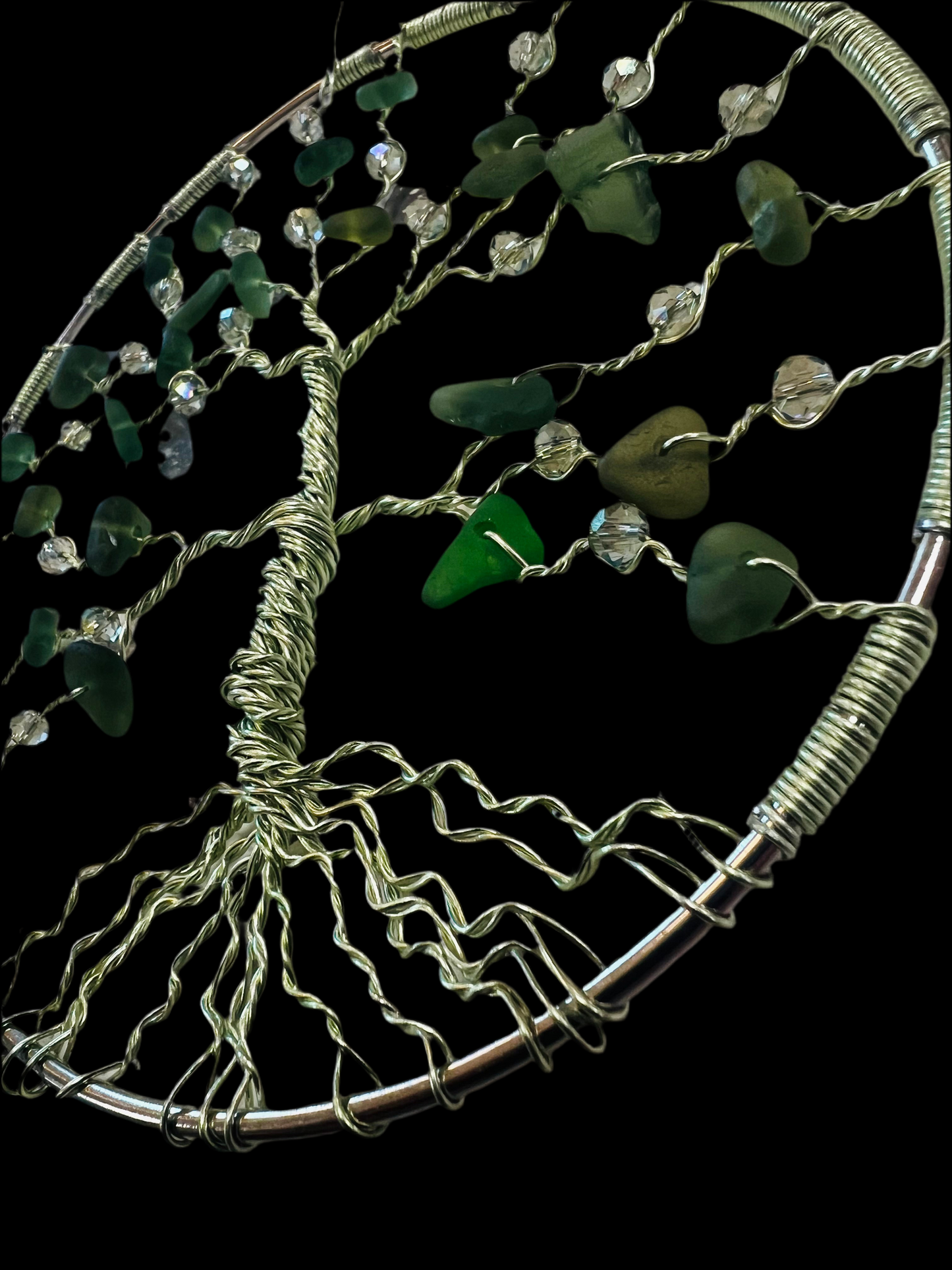 Sea glass tree of life Sun Catcher. Green wire, iridescent crystal beads and green Sea Glass.