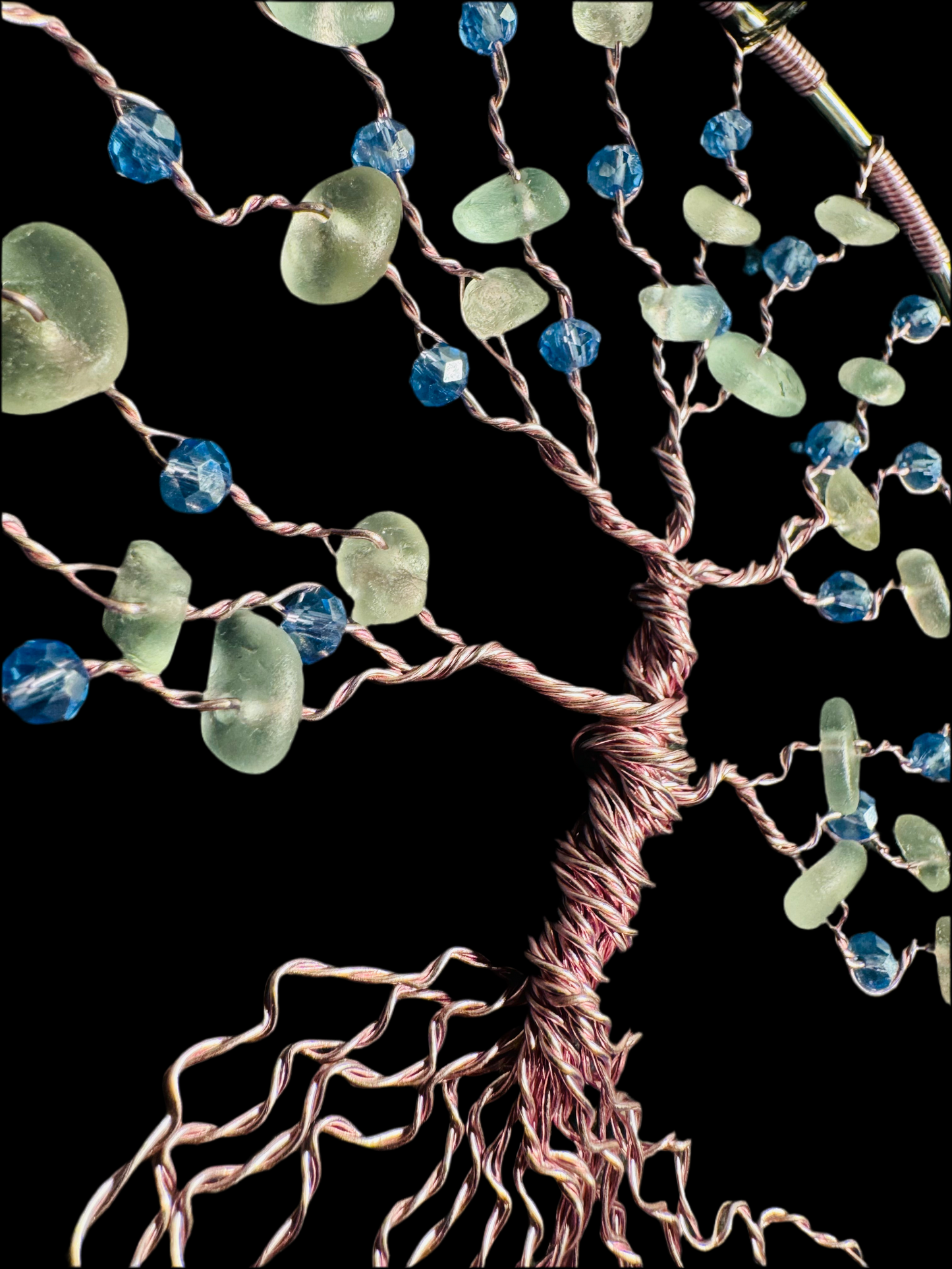 Sea glass tree of life sun catcher. Pink wire with White Sea glass and blue crystal beads