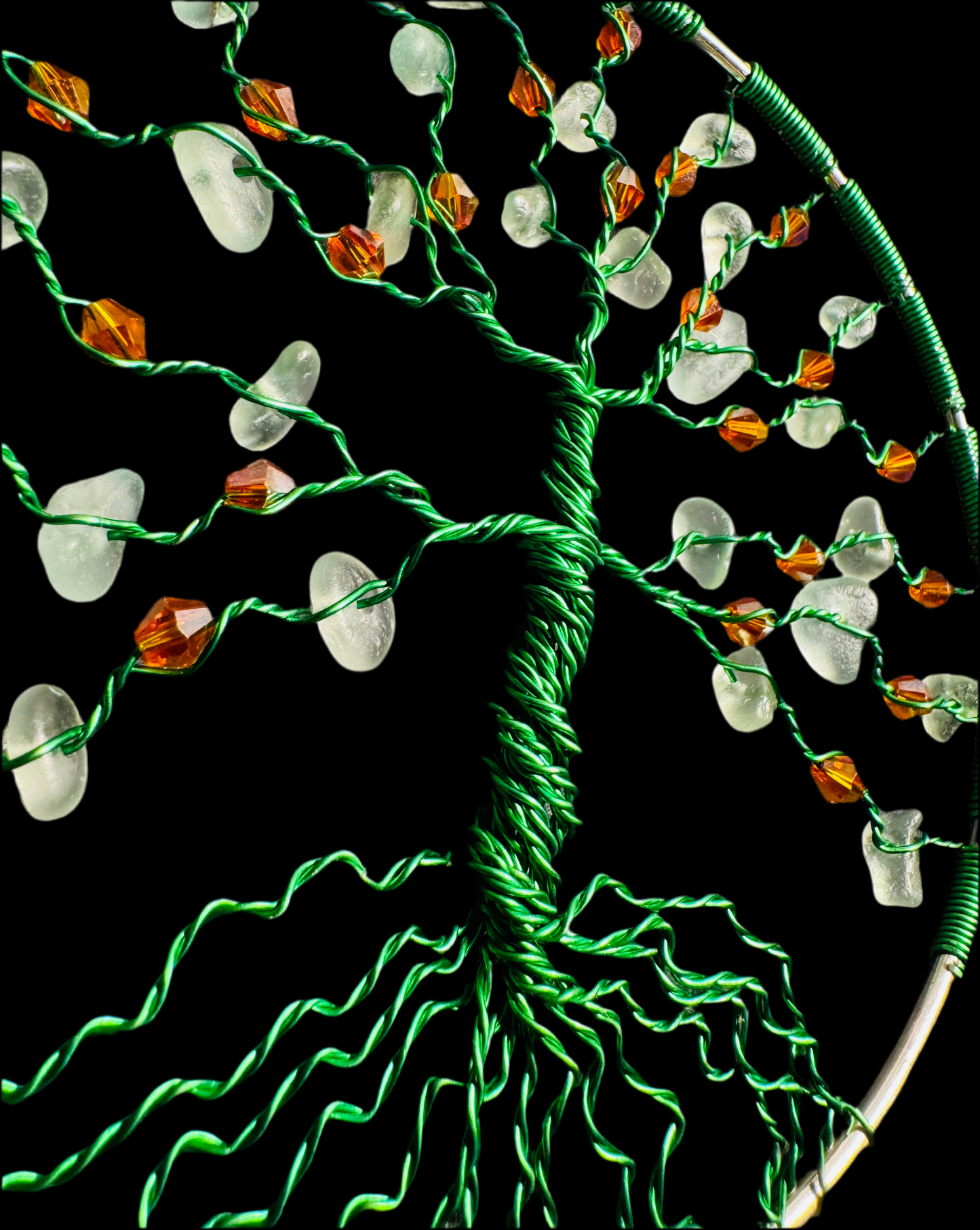 Sea glass tree of life sun catcher. Bright green wire with White Sea glass and red crystal beads