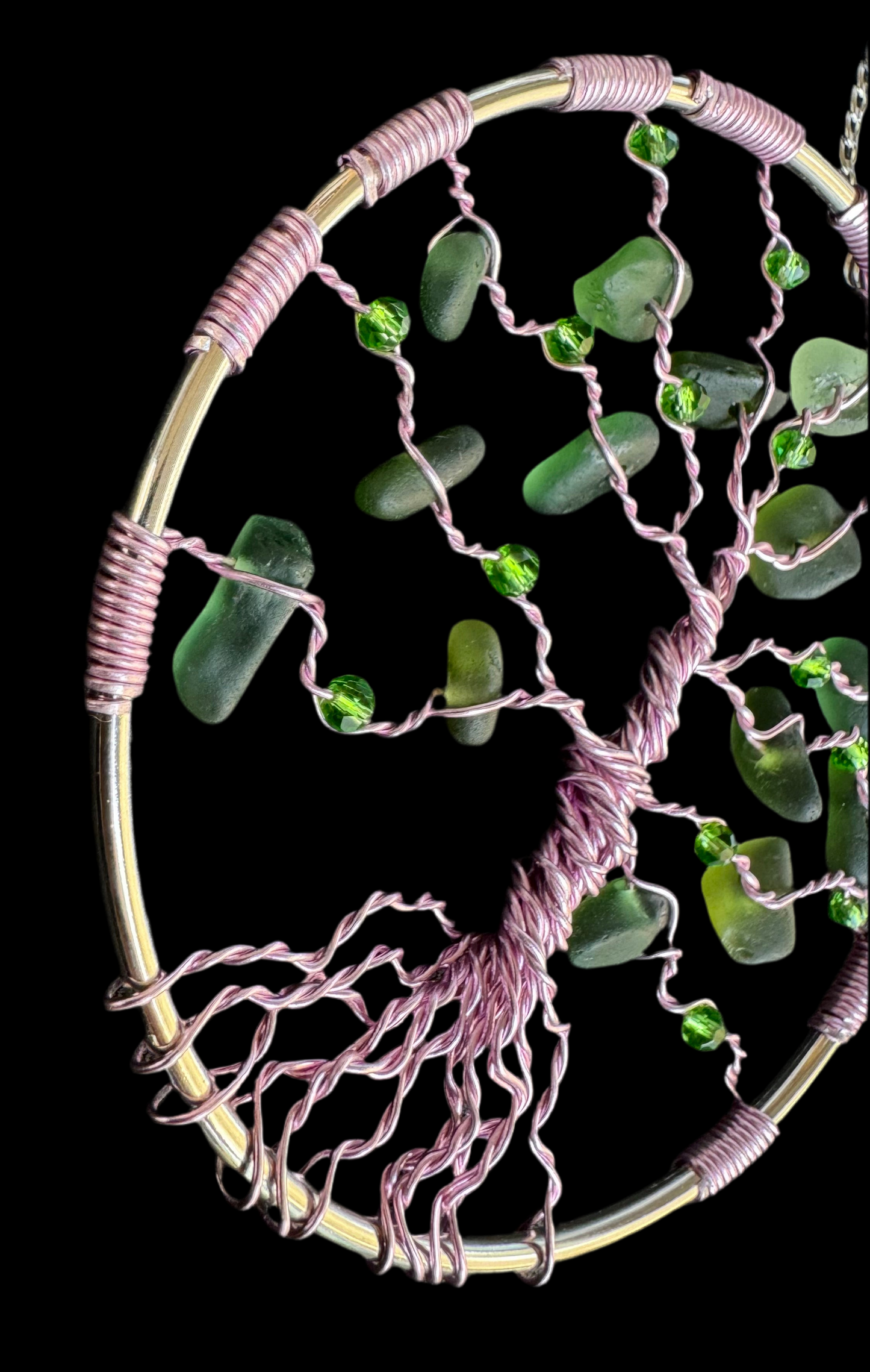 Sea glass tree of life sun catcher. Pink wire with green sea glass and green crystal beads
