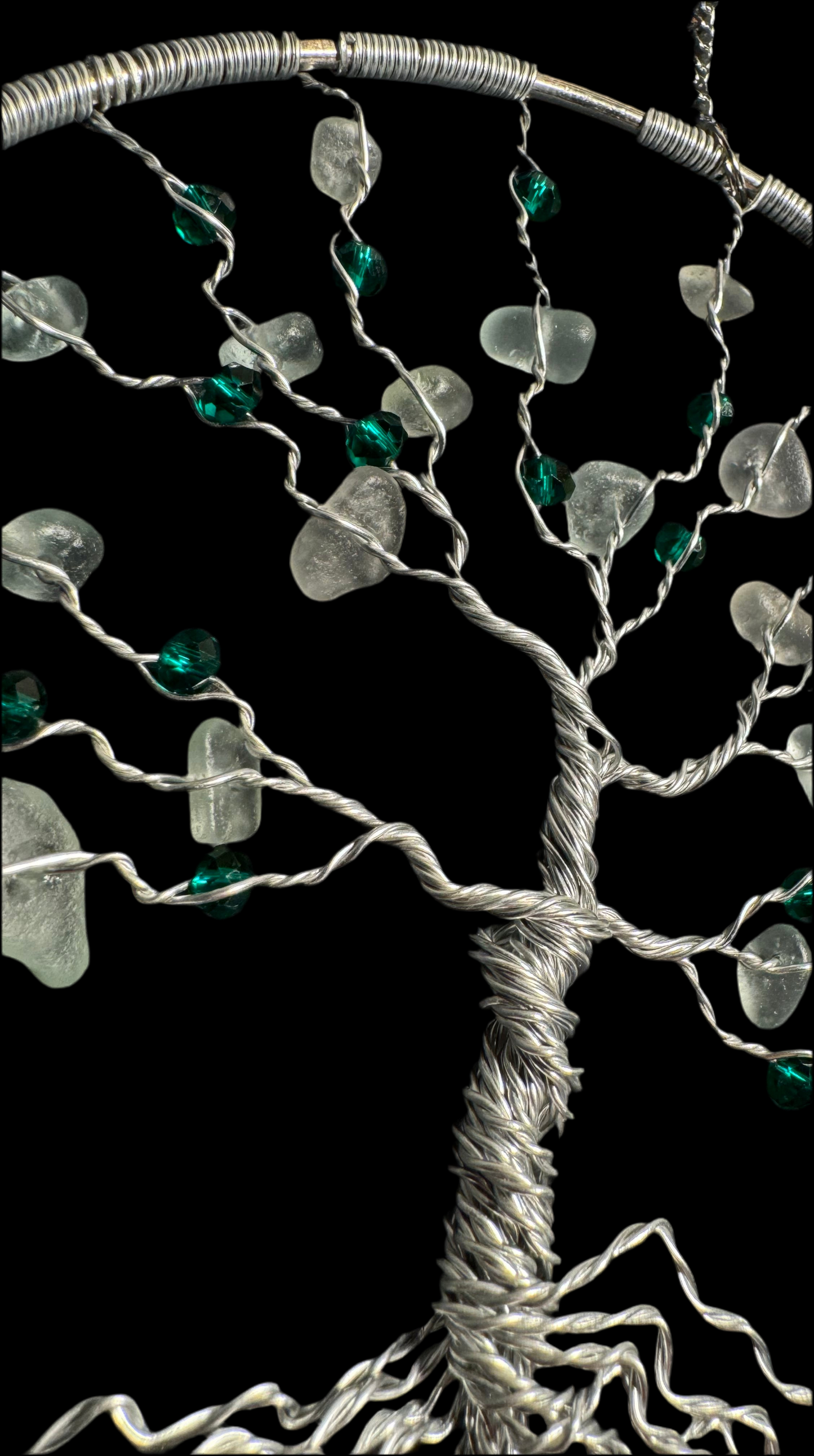 Sea glass tree of life sun catcher silver wire, White Sea glass and teal crystal beads