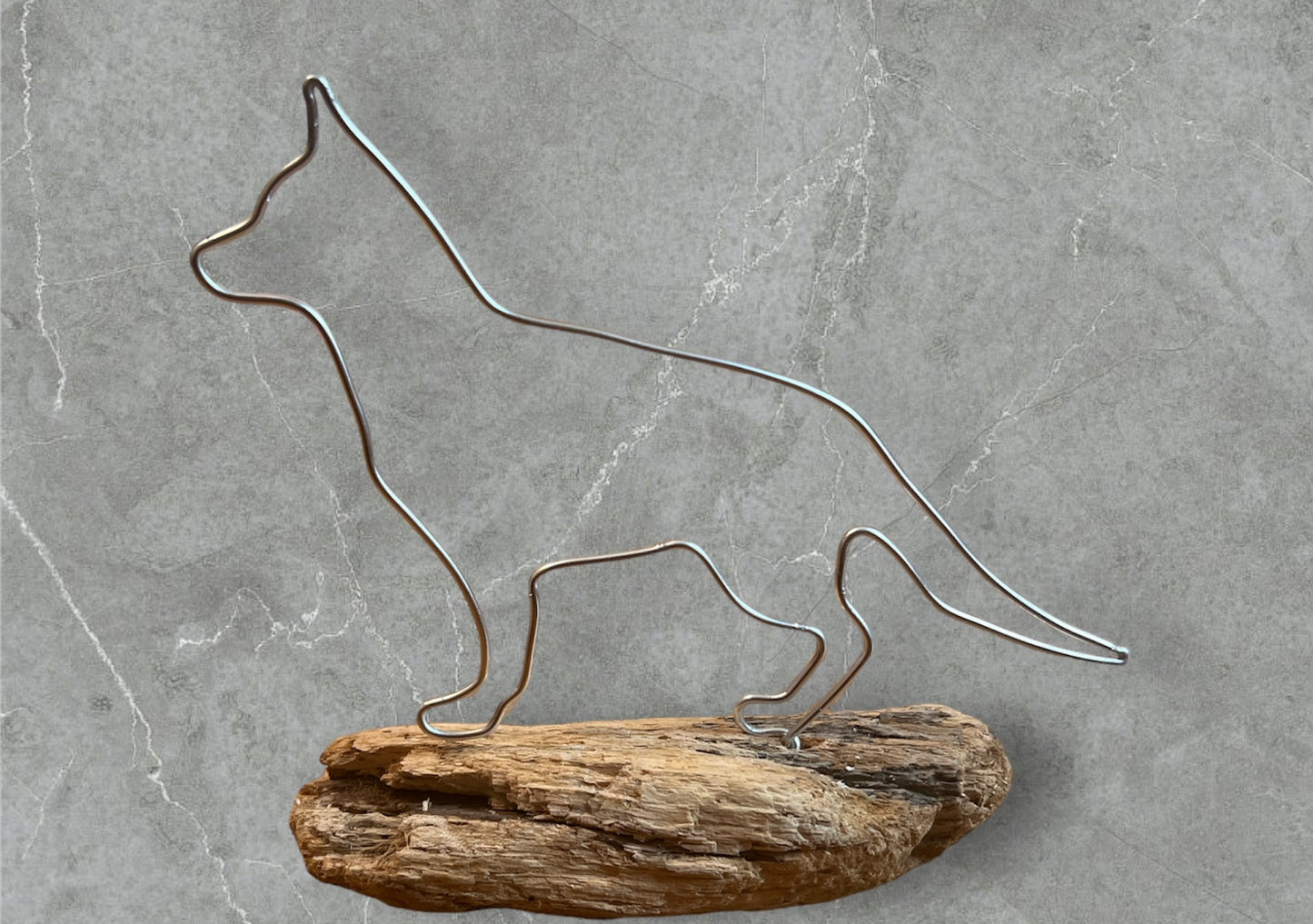 German Shepherd wire silhouette on driftwood
