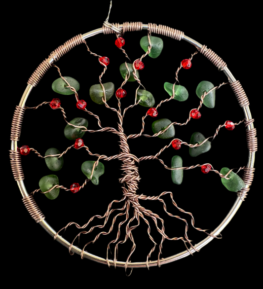 Sea glass tree of life suncatcher. Bronze wire with green sea glass and red crystal beads