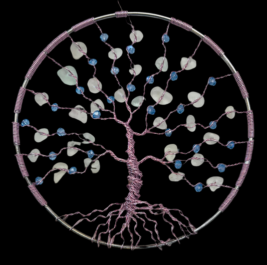 Sea Glass tree of life Sun Catcher. Pink wire, blue crystal beads and White Sea Glass