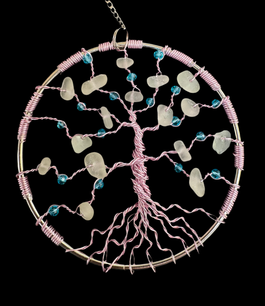 Sea glass tree of life Suncatcher. Pink wire with White Sea glass and blue crystal beads