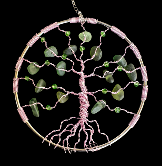 Sea glass tree of life sun catcher. Pink wire with green sea glass and green crystal beads