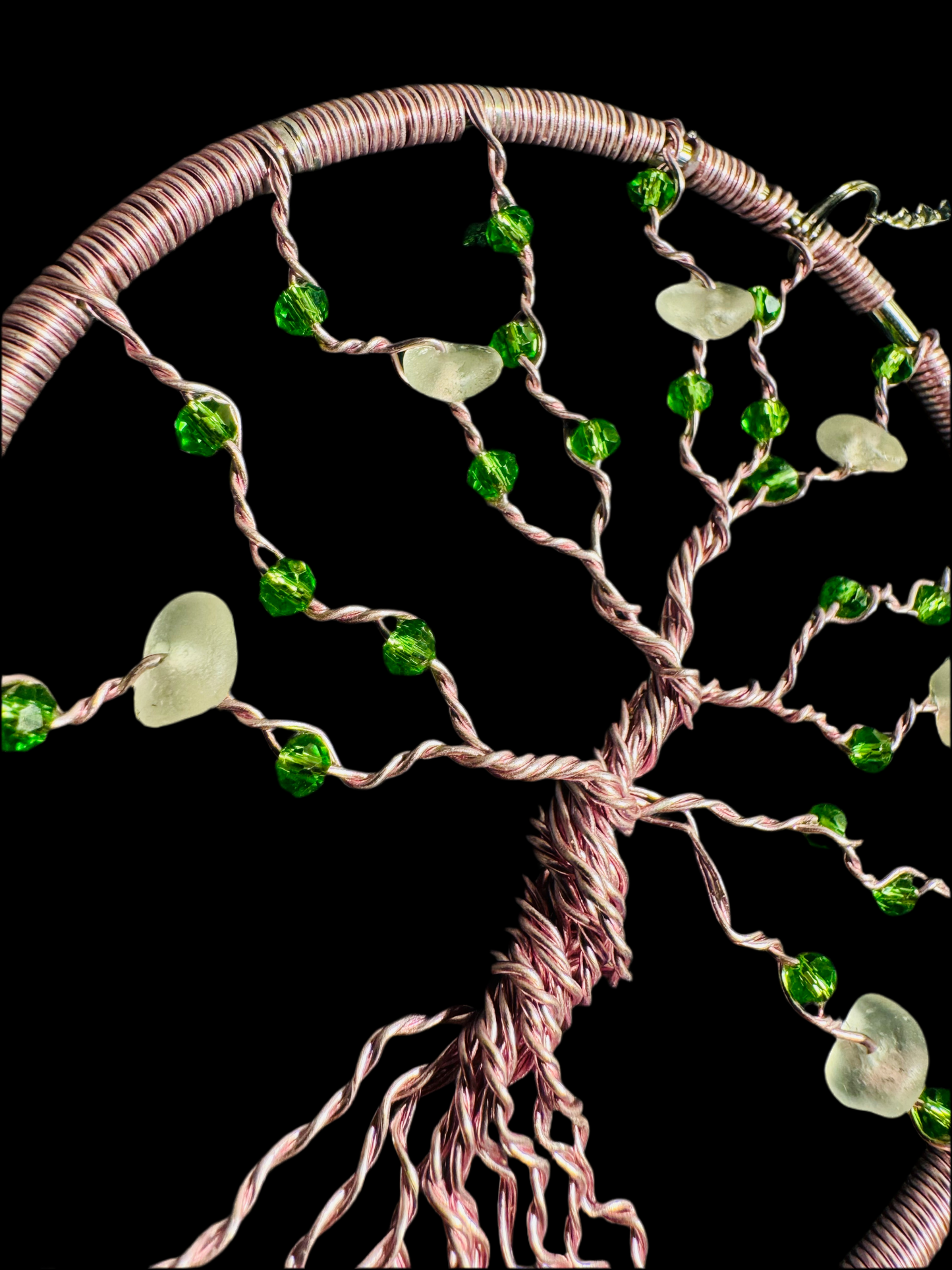 Sea glass tree of life sun catcher. Pink wire with white sea glass and green crystal beads