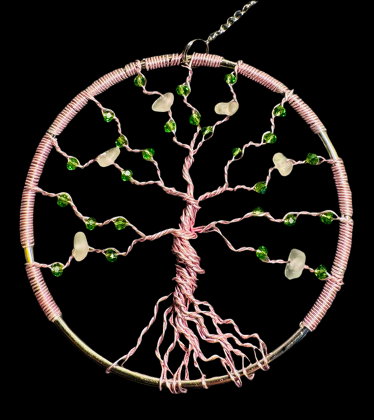 Sea glass tree of life sun catcher. Pink wire with white sea glass and green crystal beads