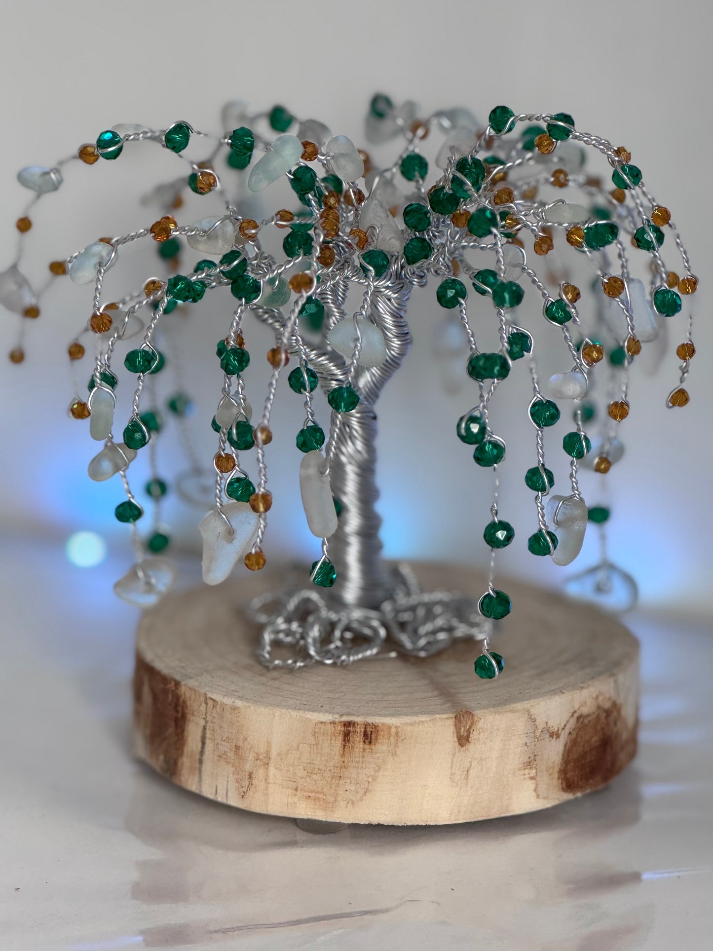 Sea glass willow tree silver wire with white sea glass and green and amber crystal beads