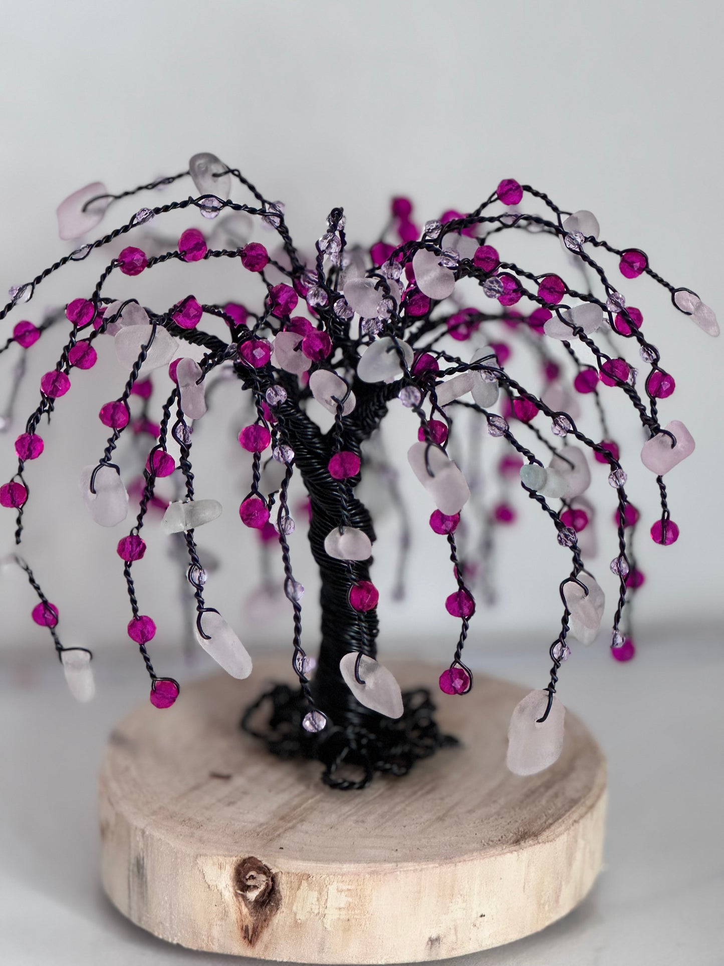 Sea glass willow tree black wire with White Sea glass and pink crystal beads
