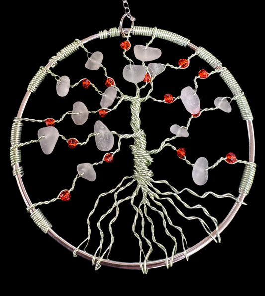 Sea glass tree of life suncatcher. Green wire with White Sea glass and red crystal beads