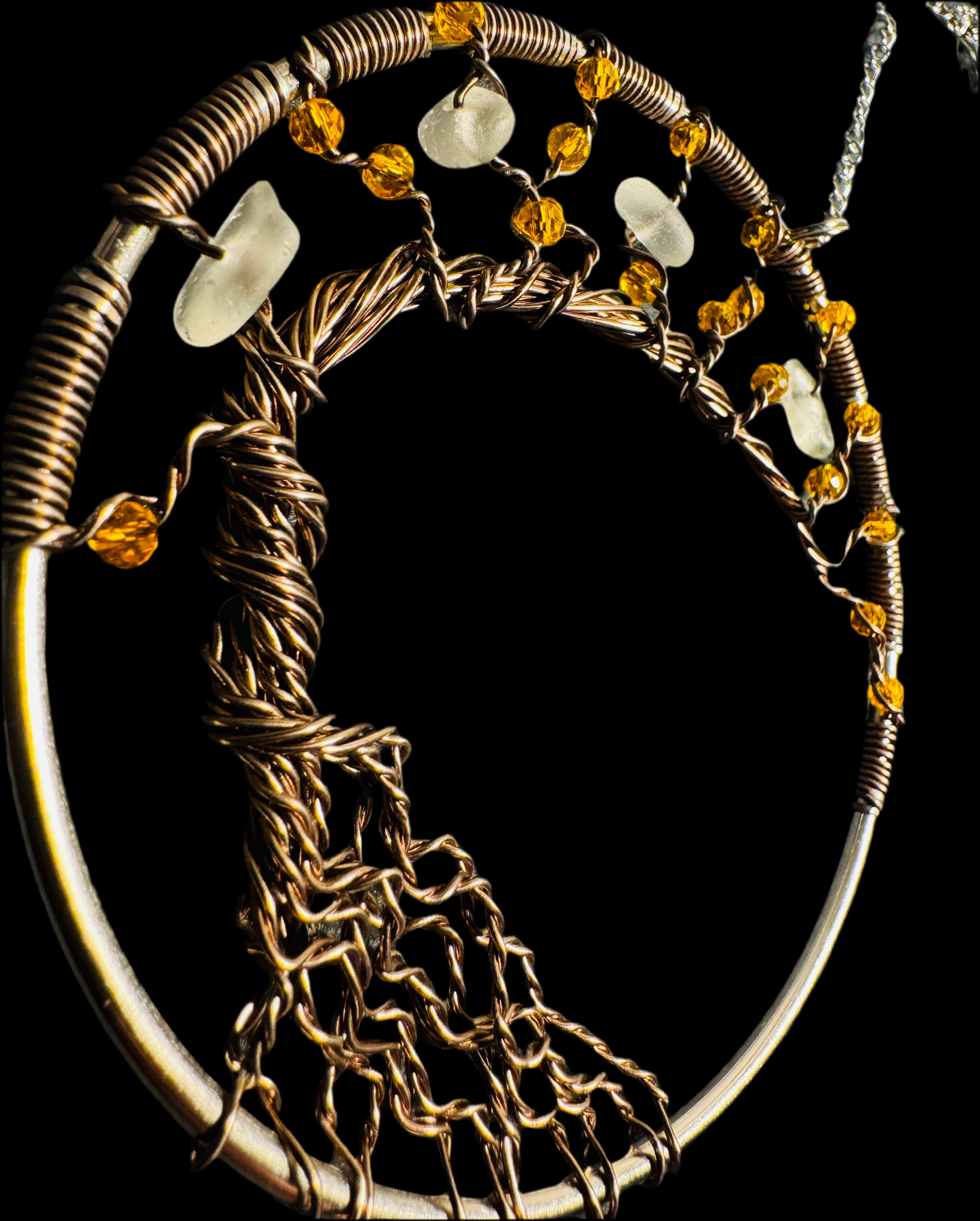 Sea glass leaning tree sun catcher. Bronze wire with White Sea glass and yellow crystal beads