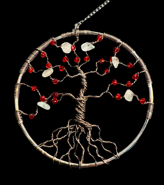 Sea glass tree of life sun catcher. Bronze wire with White Sea glass and red crystal beads