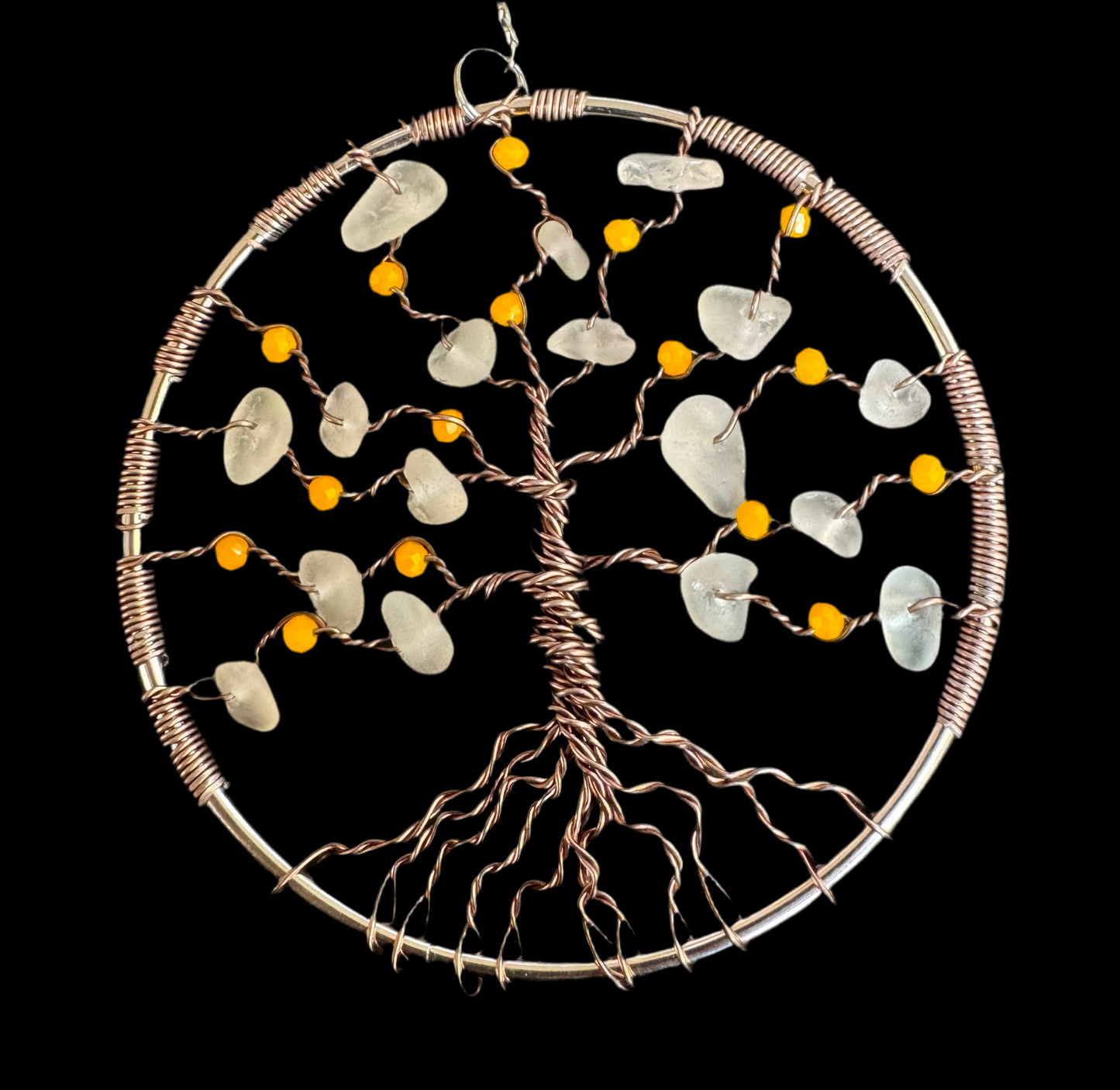 Sea glass tree of life suncatcher. Bronze wire with White Sea glass and orange crystal beads.