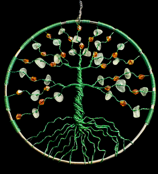 Sea glass tree of life sun catcher. Bright green wire with White Sea glass and red crystal beads