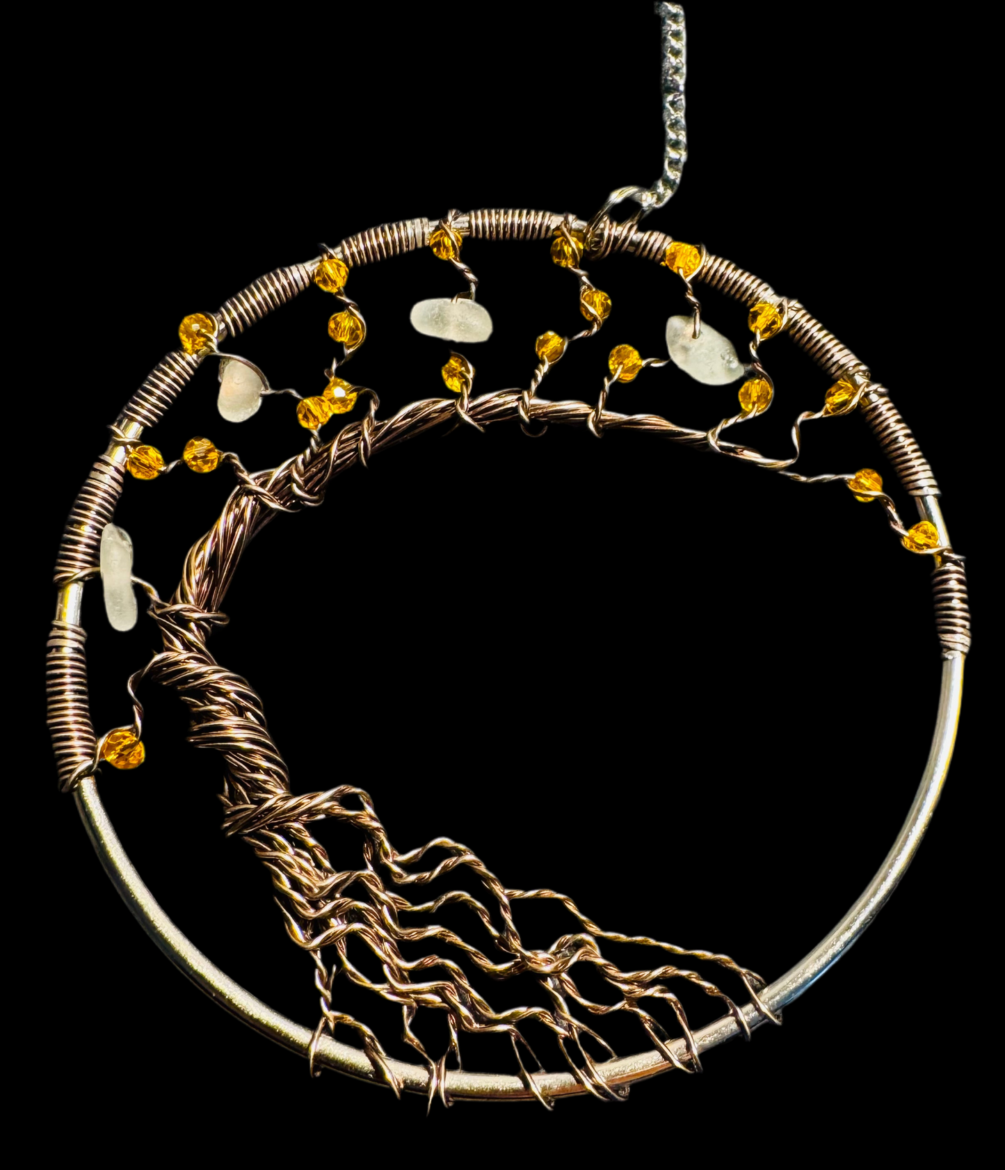 Sea glass leaning tree sun catcher. Bronze wire with White Sea glass and yellow crystal beads