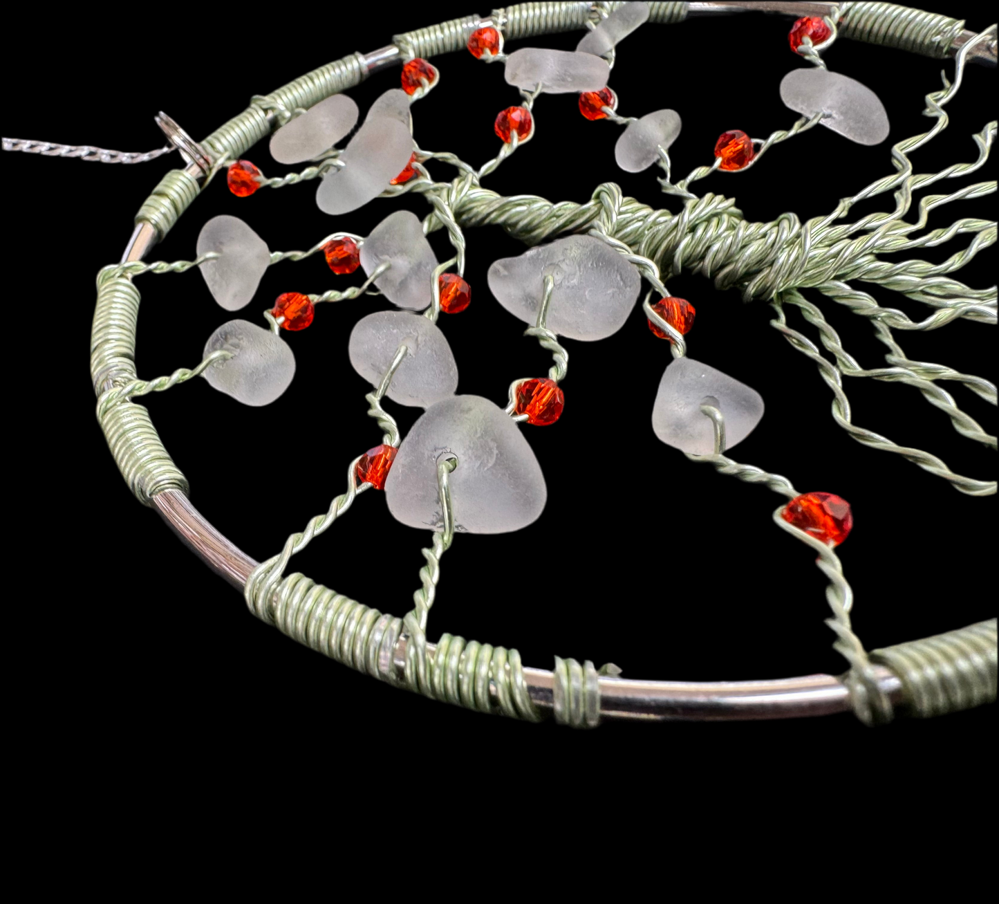 Sea glass tree of life suncatcher. Green wire with White Sea glass and red crystal beads