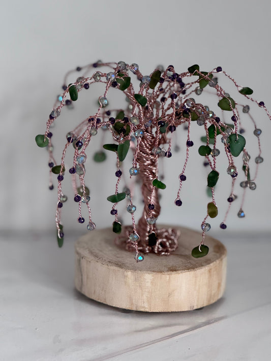 Sea glass willow tree, bronze wire with green sea glass, iridescent and purple crystal beads