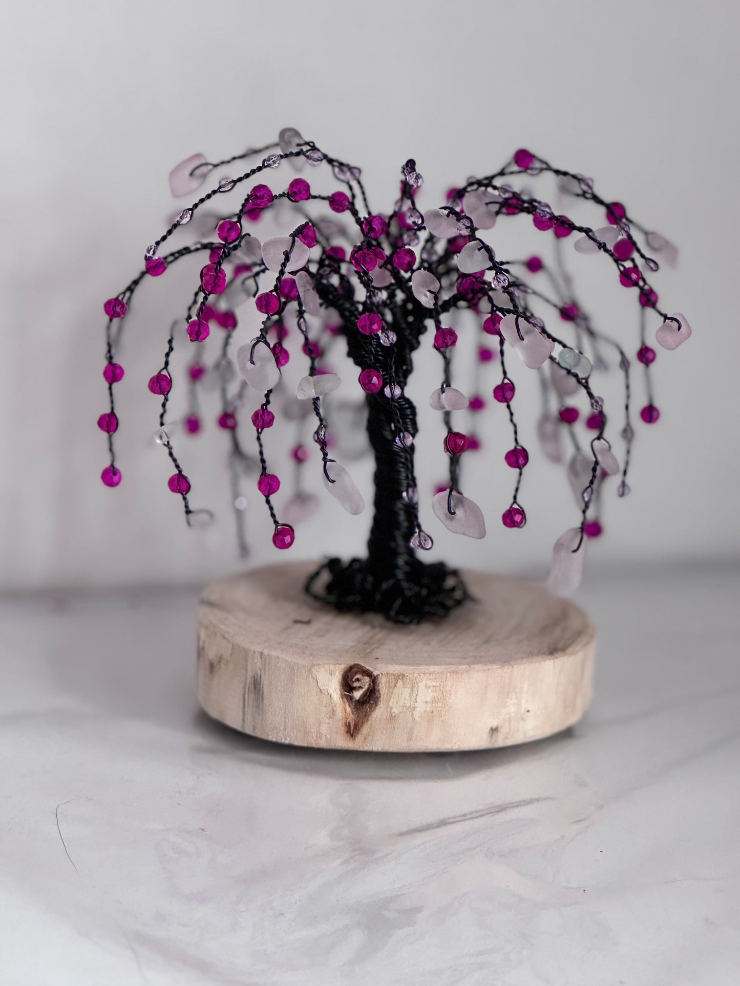 Sea glass willow tree black wire with White Sea glass and pink crystal beads