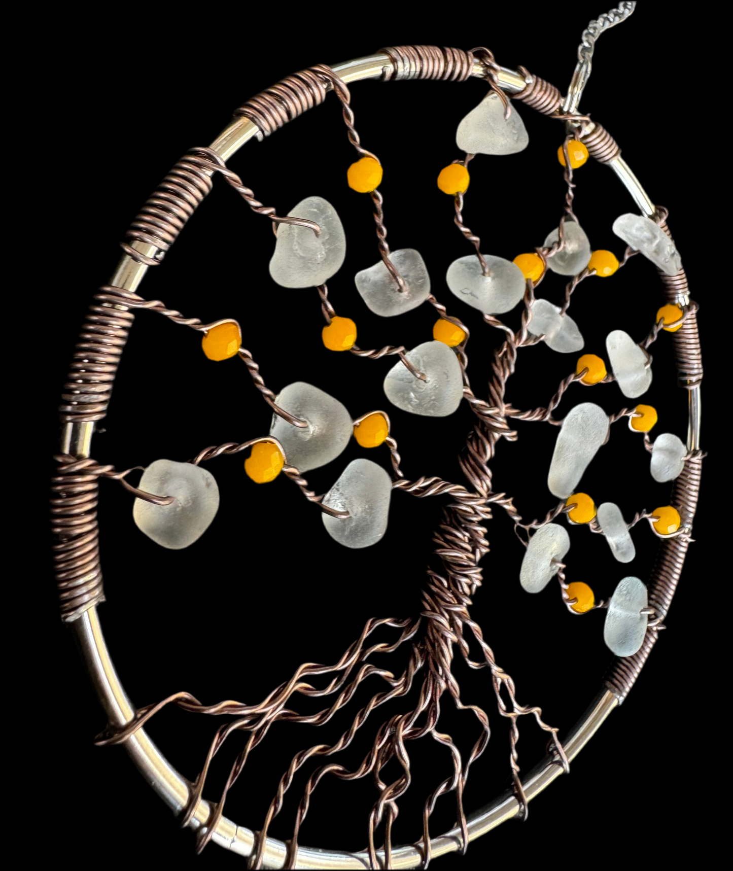 Sea glass tree of life suncatcher. Bronze wire with White Sea glass and orange crystal beads.