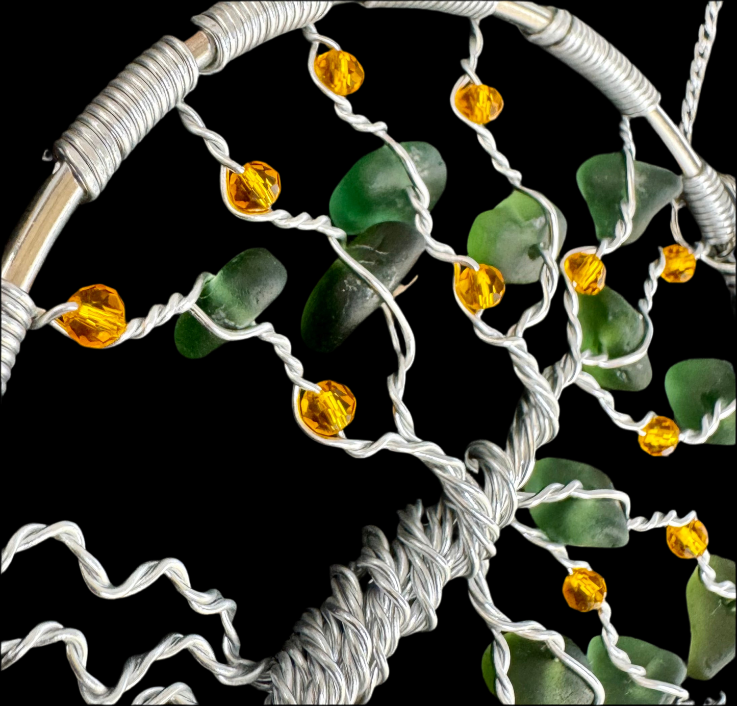 Sea glass tree of life suncatcher. Silver wire with green sea glass and orange crystal beads