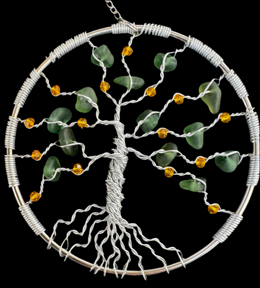 Sea glass tree of life suncatcher. Silver wire with green sea glass and orange crystal beads