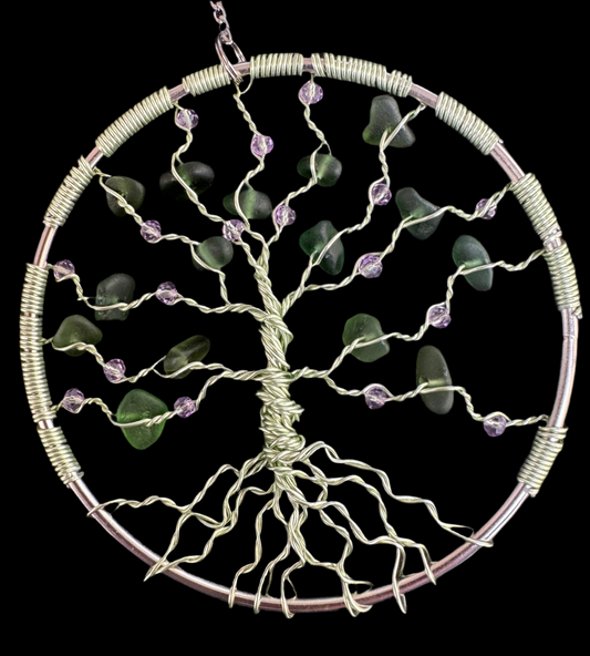 Sea glass tree of life suncatcher. Green wire with green sea glass and purple crystal beads