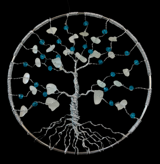 Sea glass tree of life Sun-catcher. silver wire, teal crystal beads and White Sea glass.