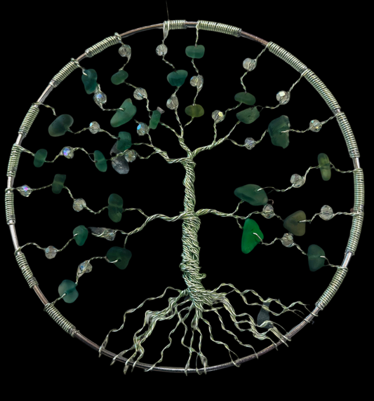 Sea glass tree of life Sun Catcher. Green wire, iridescent crystal beads and green Sea Glass.