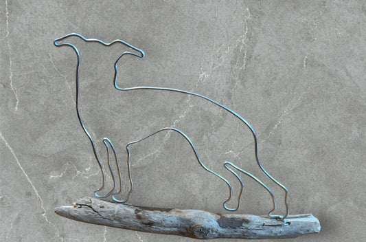 Whippet wire silhouette on driftwood