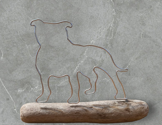 Staffordshire Bull Terrier wire silhouette on driftwood